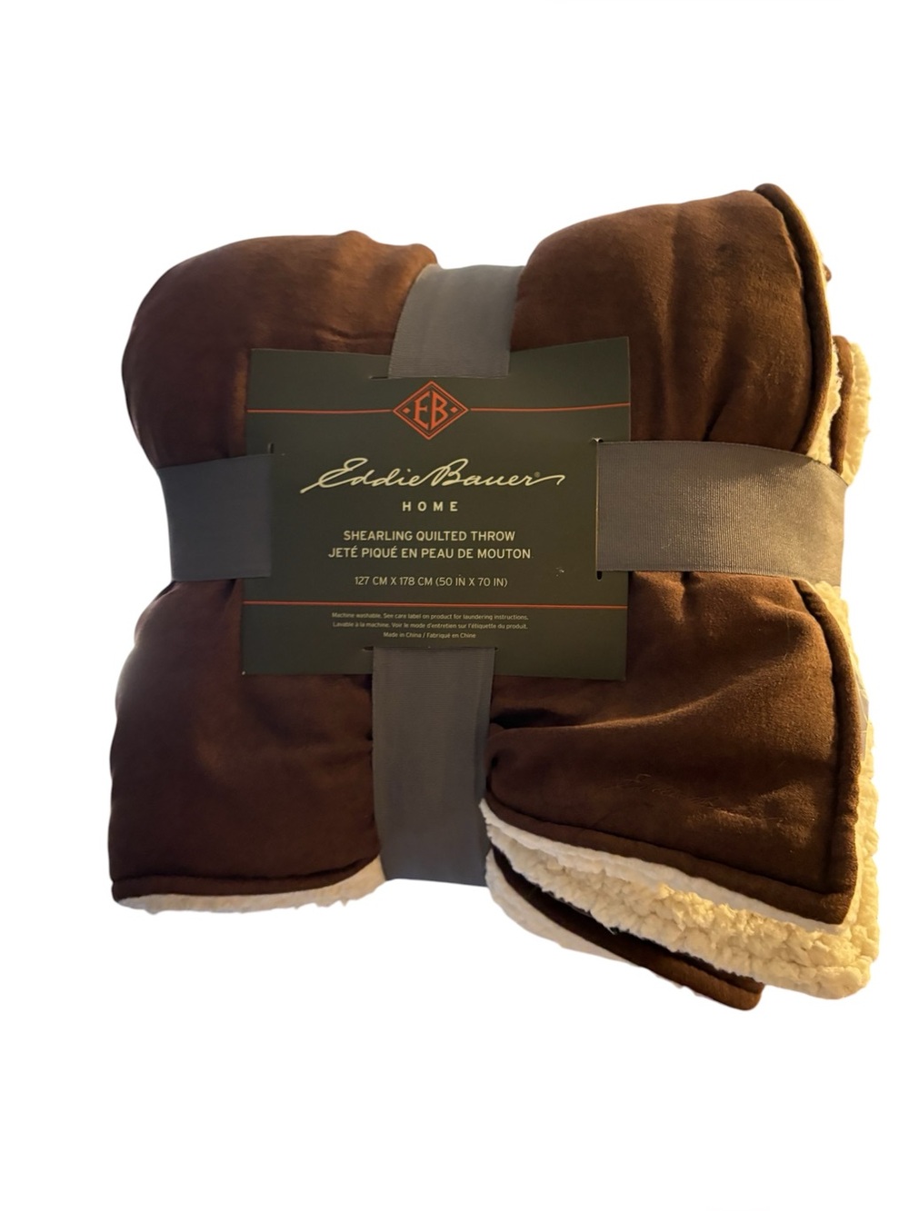 NEW Eddie Bauer Shearling Quilted Throw - Brown with Cream Sherpa
